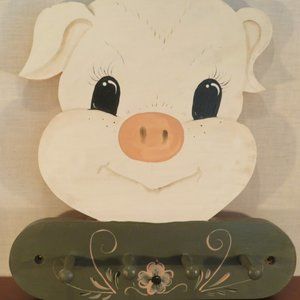 Smiling Pig Hook Plaque Handmade Wooden 11" x 10" Keys Leashes (149V)